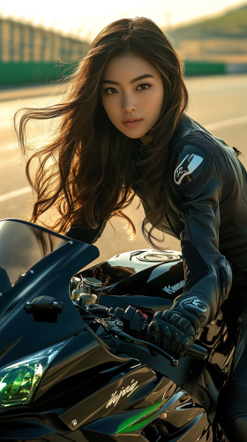 Focused racer on a Kawasaki Ninja at racetrack