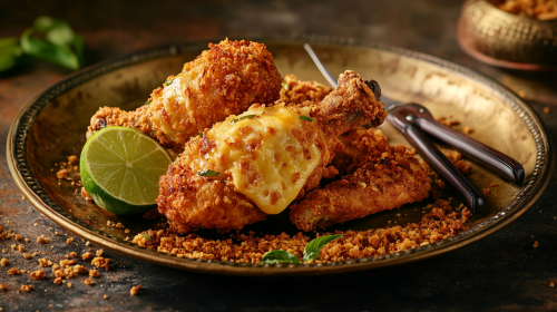 Food photography of fried chicken, Keris, cheese, lime. Food photography of fried chicken, Keris, cheese, lime.