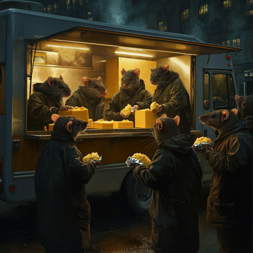 Food truck with rat chefs serving cheese hunks.