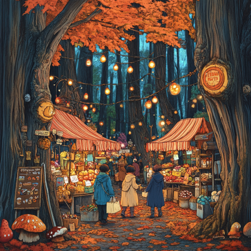 Forest animals shop at vibrant tree market stalls