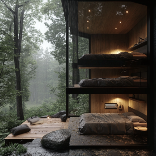 Forest cabin with bunk beds, raining view, split level Forest cabin with bunk beds, raining view, split level