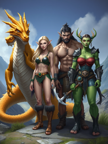 Four Fantasy Characters in a Mystical Landscape Four Fantasy Characters in a Mystical Landscape