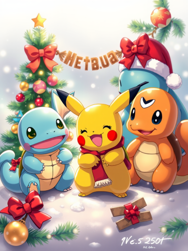 Four Pokemon Celebrating Christmas on White Background