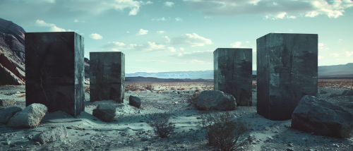 Four cement shapes in desert landscape with rocks