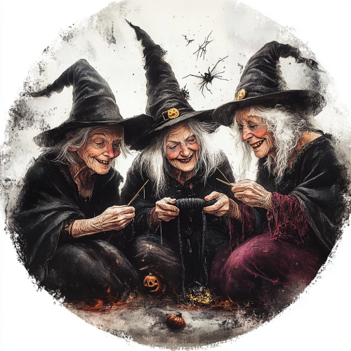 Four old witches knitting black scarf for Halloween