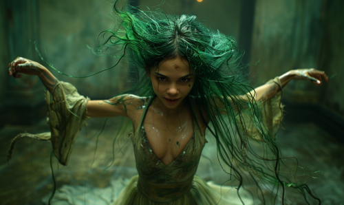 Freak with green hair and square head dancing wildly.