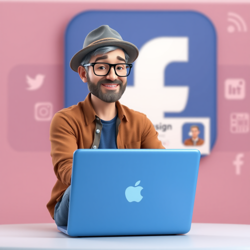 Freelancer Graphic Designer Sitting on Macbook with Facebook Logo