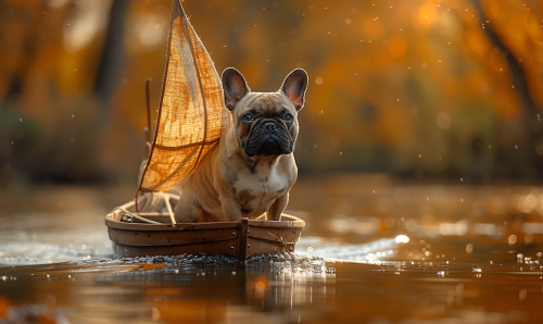 French Bulldog in sailboat, autumn backdrop, serious expression.