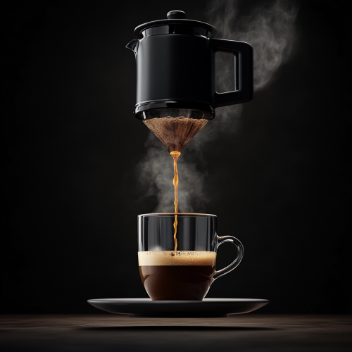 French coffee press pours hot coffee into cup