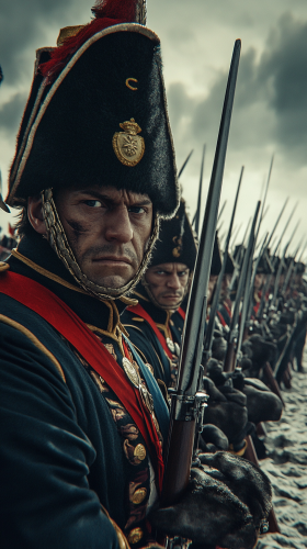 French soldiers donning uniforms with bayonets under stormy skies. French soldiers donning uniforms with bayonets under stormy skies.