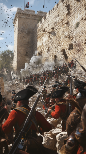 French soldiers in Jaffa wearing military uniforms with muskets.