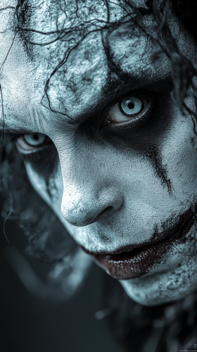 Frenzied Beetlejuice with terrifying expression on light black background.