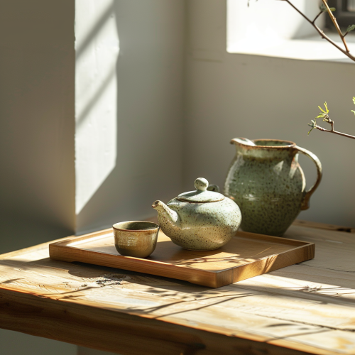 Fresh Green Tea Leaves on Tray with Teapot