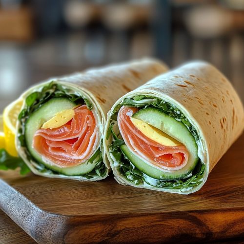 Fresh Smoked Salmon Wrap on Wooden Board