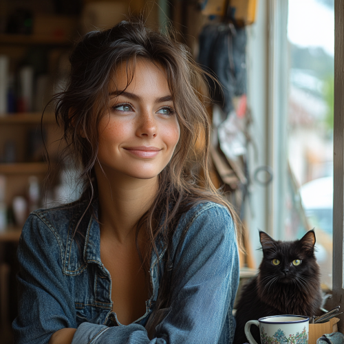 Fresh faced woman in salon by California ocean.