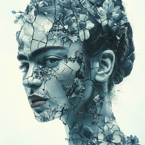 Frida Kahlo's fractured glass portrait tattoo style theme.