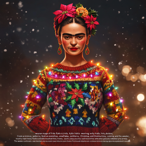 Frida Kahlo in Christmas sweater with festive lights