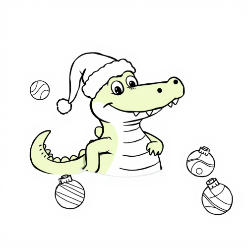 Friendly Crocodile with Santa Hat among Christmas Ornaments