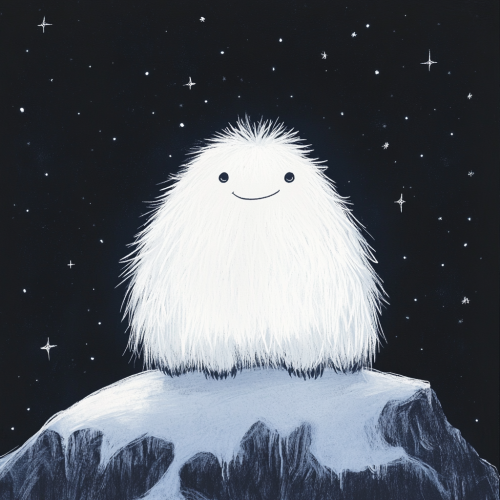 Friendly Yeti on Snowy Mountain under Starry Sky
