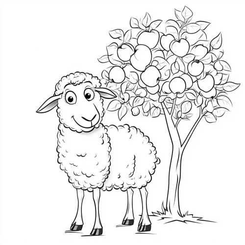 Friendly sheep in Disney cartoon style, standing beside apple tree.