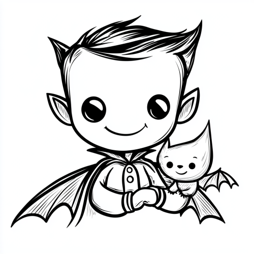 Friendly vampire smiling while holding a small bat gently.