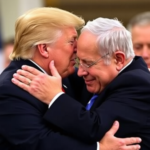 Friends, Trump and Netanyahu, hugging and crying. Friends, Trump and Netanyahu, hugging and crying.