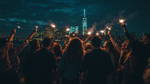 Friends celebrating in New York City with sparklers