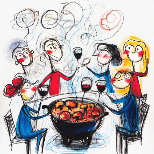 Crayon Doodle of Friends enjoy hot pot, mushrooms boil, wine flows, playful
