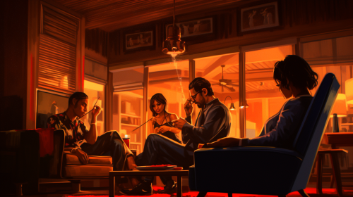 Friends in cozy living room sharing a joint, relaxing.