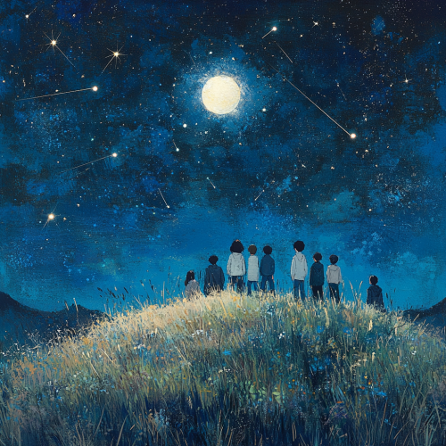 Friends under starry night sky feel wonder together