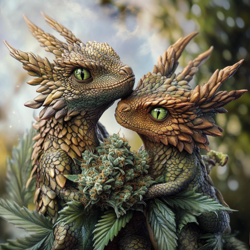 Frisky dragon couple wear realistic hybrid marijuana nugget costumes.