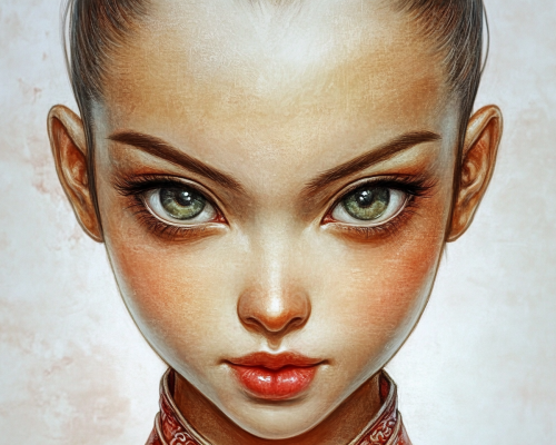 Front view of Chinese woman, bald, blue green eyes.