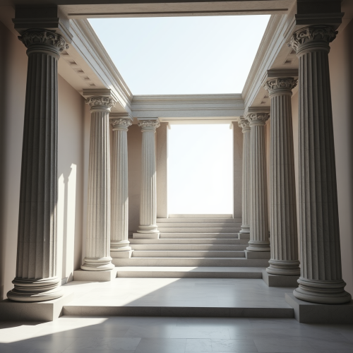 Frontal view of Greek columns with centered staircase.