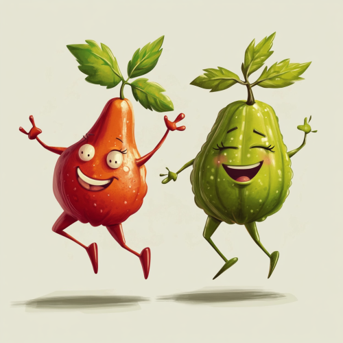 Fruits and leaf characters dancing in 80's style