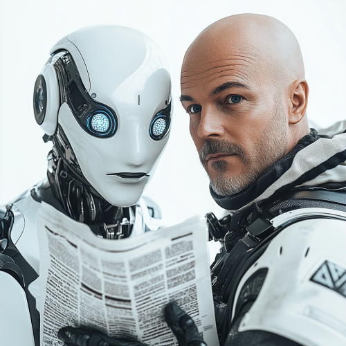 Futuristic AI Robot Gives Newspaper to Attractive Man Futuristic AI Robot Gives Newspaper to Attractive Man