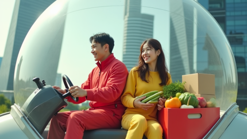Futuristic Japanese Couple in Spaceship with Fruit Futuristic Japanese Couple in Spaceship with Fruit