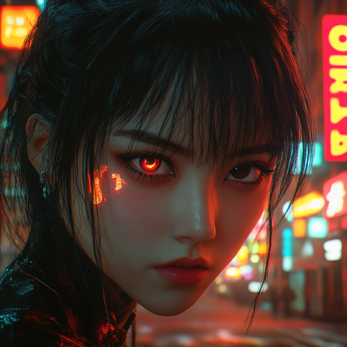 Futuristic Korean girl in apocalyptic city with neon signs.