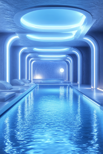 Futuristic Pool with Blue Neon Lighting and Anime Aesthetic