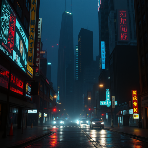 Futuristic city at night in cinematic style.