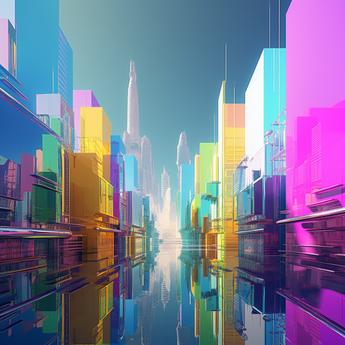 Futuristic city with rainbow glow and sleek buildings