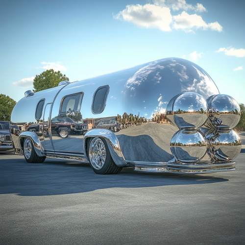 Futuristic cool low rider airstream trailer behind truck