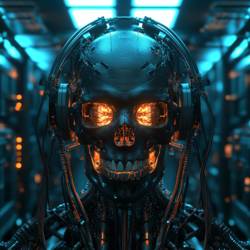 Futuristic cyborg skull with cables in dark sci-fi setting.