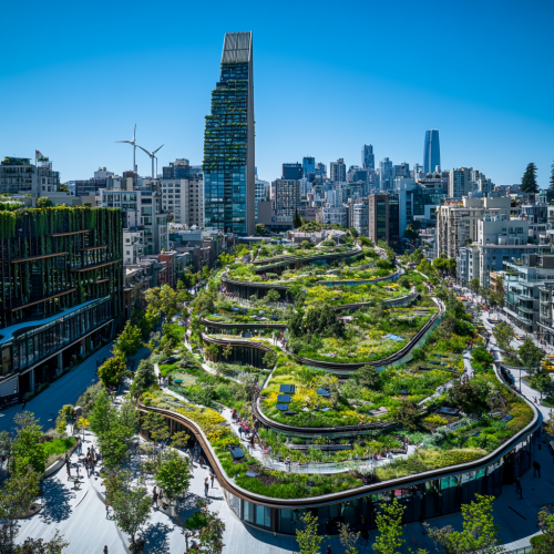 Futuristic environmentally-friendly city with modern architecture and greenery.
