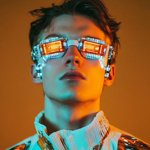 Futuristic fashion model with futuristic outfit and sensors