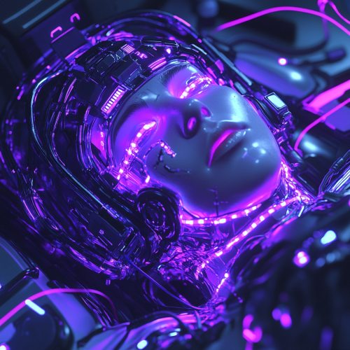 Futuristic female cyborg sleeping in sci-fi pod.