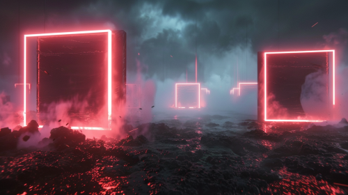 Futuristic glowing frames made of neon lasers in wasteland.