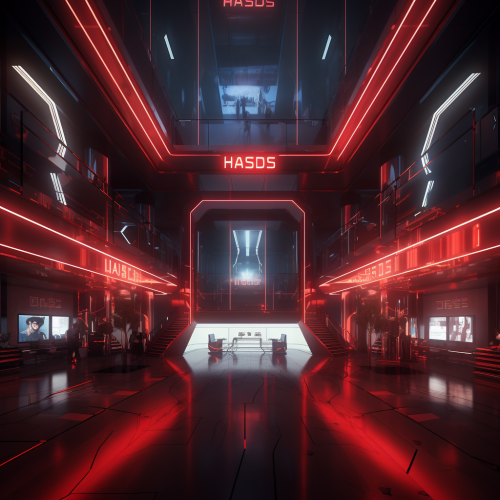 Futuristic heist setting with cyberpunk architecture, digital masks.
