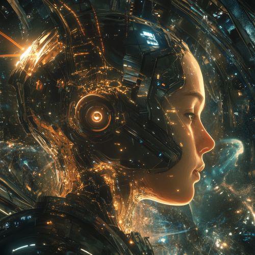 Futuristic human guides advanced spacecraft through space-time dimensions. Futuristic human guides advanced spacecraft through space-time dimensions.