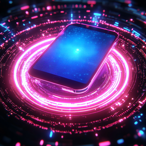 Futuristic neon phone interface with dynamic cyberpunk vibe