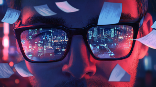 Futuristic office with computer monitor reflected in glasses